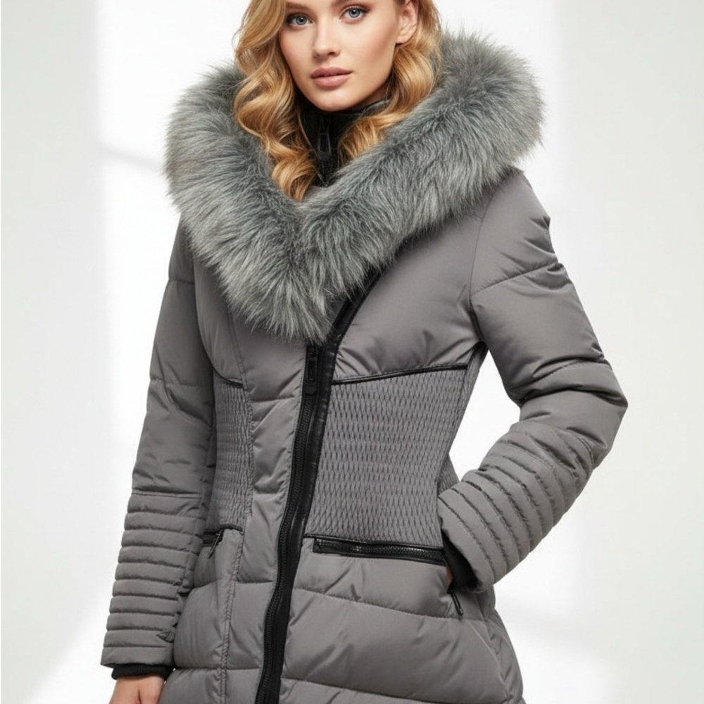 New Noize Puffer Coat Jacket Womens L Faux Fur Hood & Leather Trim Warm Gray